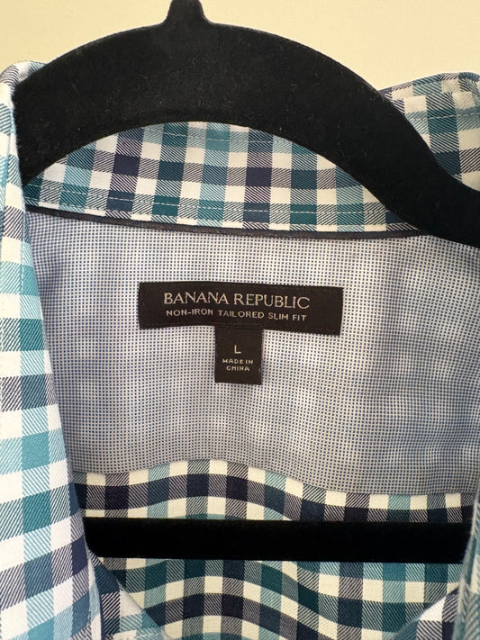 Men's Banana Republic Long Sleeve No Iron Tailored Slim Shirt - Navy Teal White Plaid - Size L