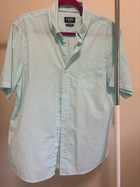 Men’s Chaps Easy Care Short Sleeve Shirt, Aqua Blue Plaid - Size Large