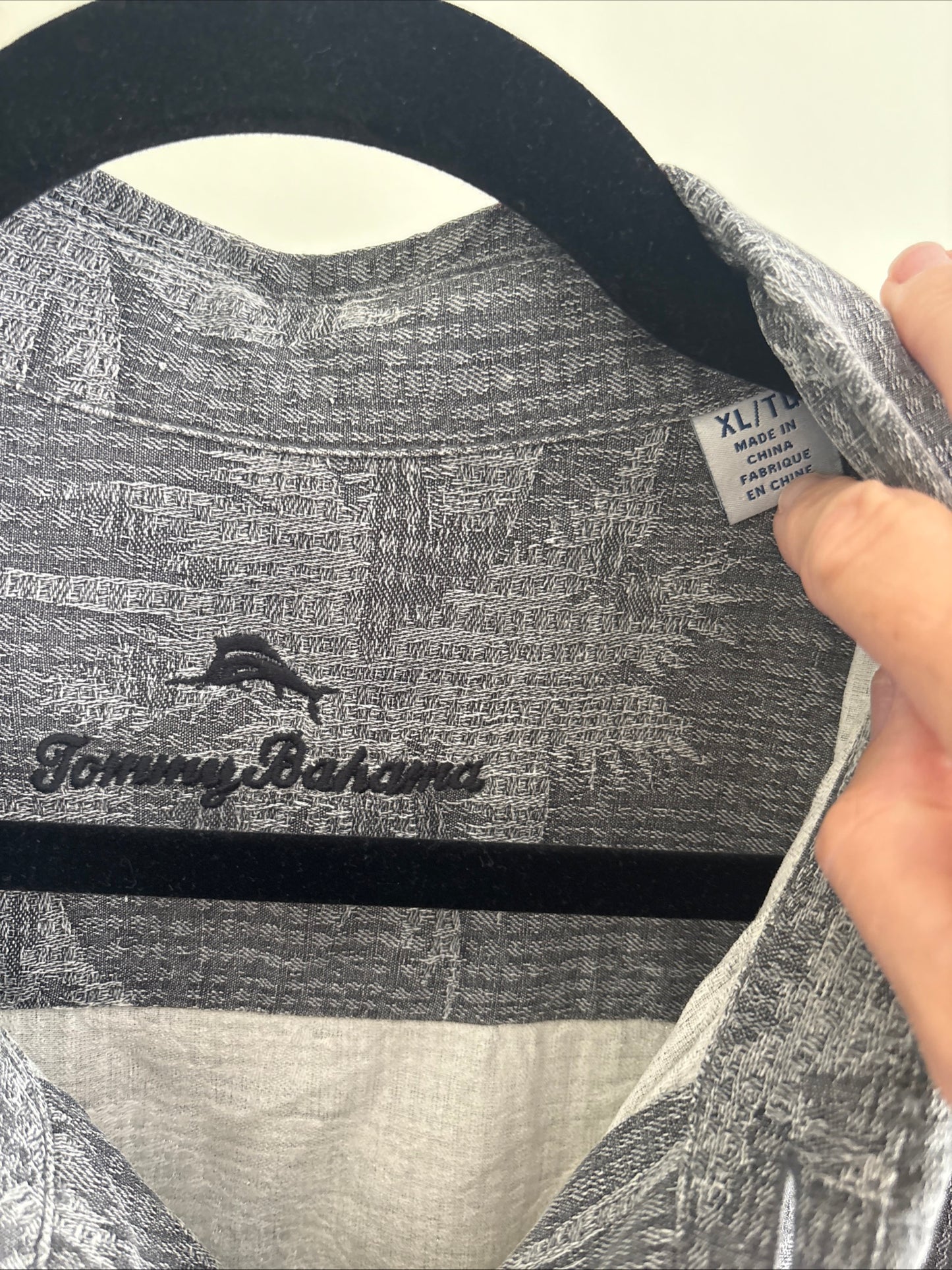 Men's Tommy Bahama Camp Shirt, Digital Palms Cave Gray, 100% Silk, Size XL