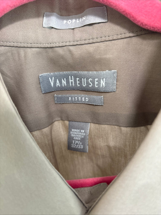 Men's Van Heusen Fitted, Button Down, Poplin, Long Sleeve, Greige - Size 17.5 32/33