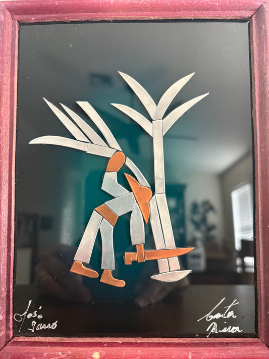 Mixed Media Metal Collage Folk Art, Worker Cutting Tree, Framed by Jose Ganno, Signed 7x9