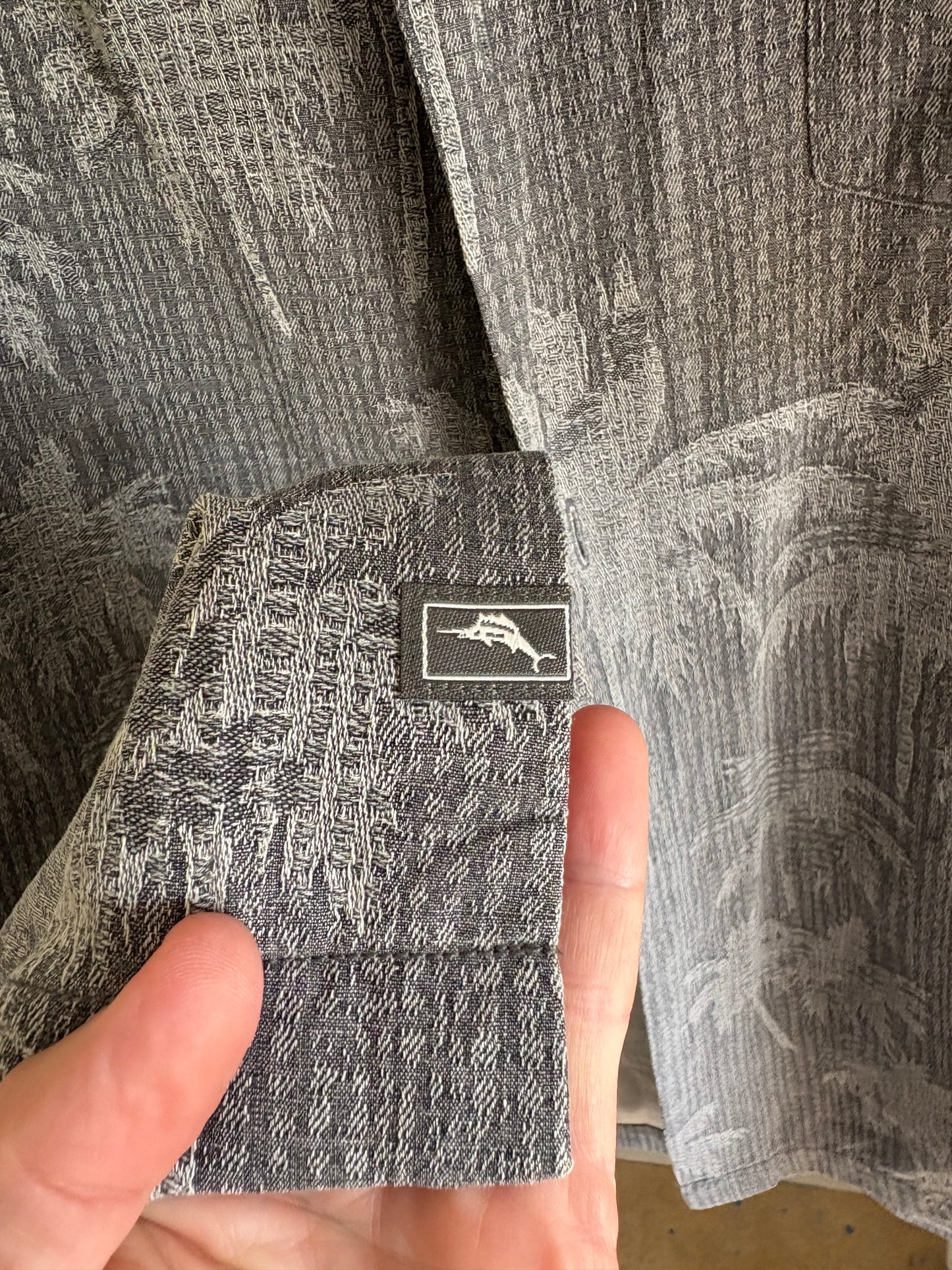 Men's Tommy Bahama Camp Shirt, Digital Palms Cave Gray, 100% Silk, Size XL