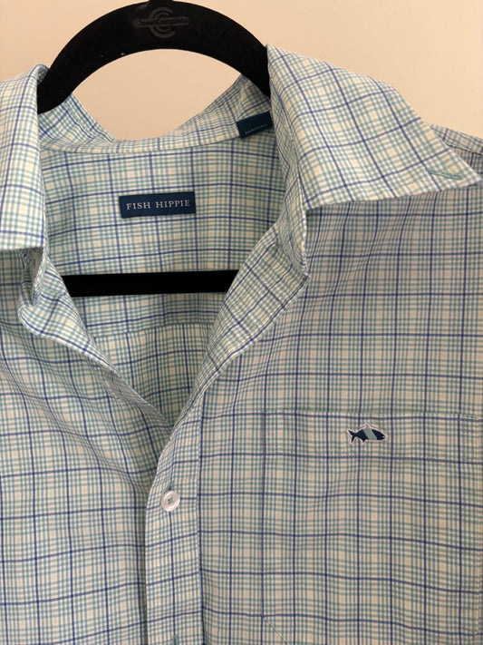 Men’s Fish Hippie Shirt, Long Sleeve, Button Down, Blue and Green Striped Plaid - Size Large