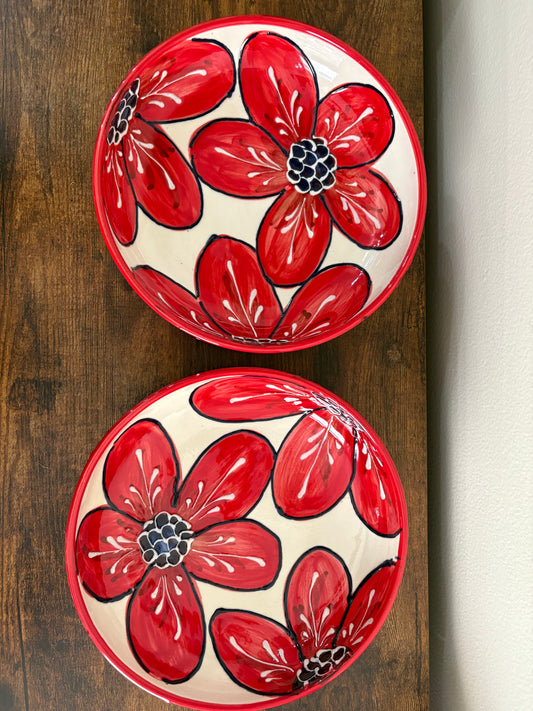 Ivanros Hand Painted Spain Ceramic Bowl - Set of 2 - Red with Flowers/Floral -  9.25” Diameter