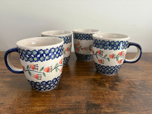 Boleslawiec Polish Pottery Coffee Cup Mug, Floral Blue Green Set 4