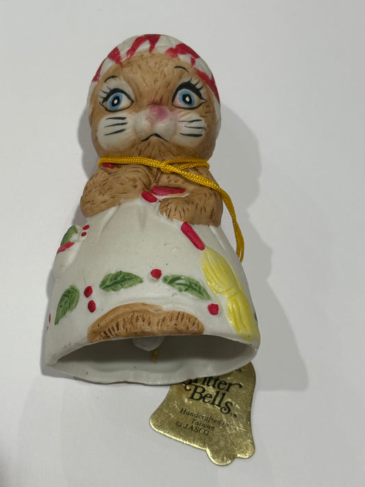 Jasco Vintage Critter Bells Porcelain Bisque 1980 Sweeping Bunny Christmas