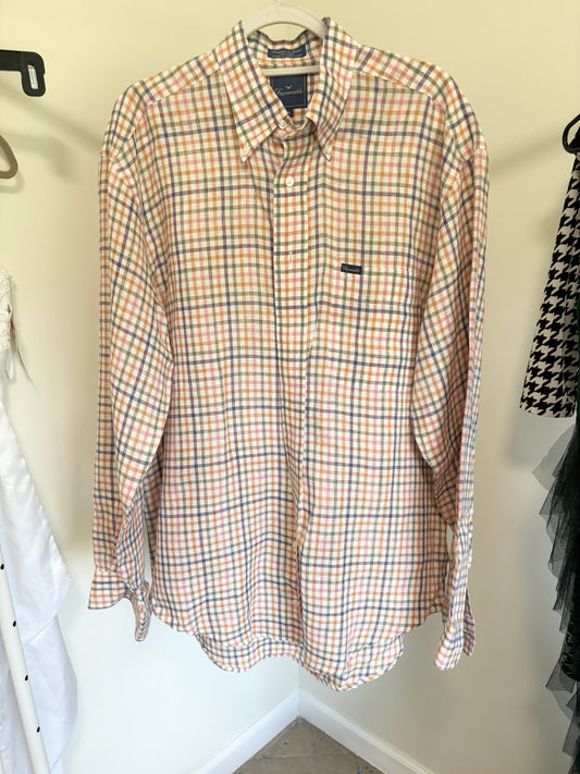 Men's FACONNABLE Button Down Long Sleeve LINEN Shirt, pastel plaid - Size Medium