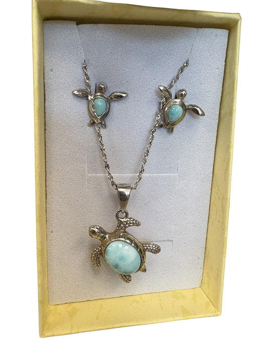 D - Sterling Silver Turtle Earrings & Necklace Jewelry Set