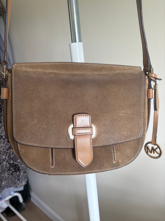 Purse: Michael Kors Romy Messenger Crossbody Purse, Medium Size, Suede Leather, Desert Gold