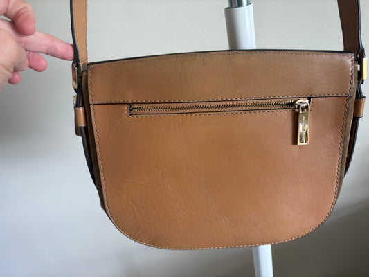 Purse: Michael Kors Romy Messenger Crossbody Purse, Medium Size, Suede Leather, Desert Gold