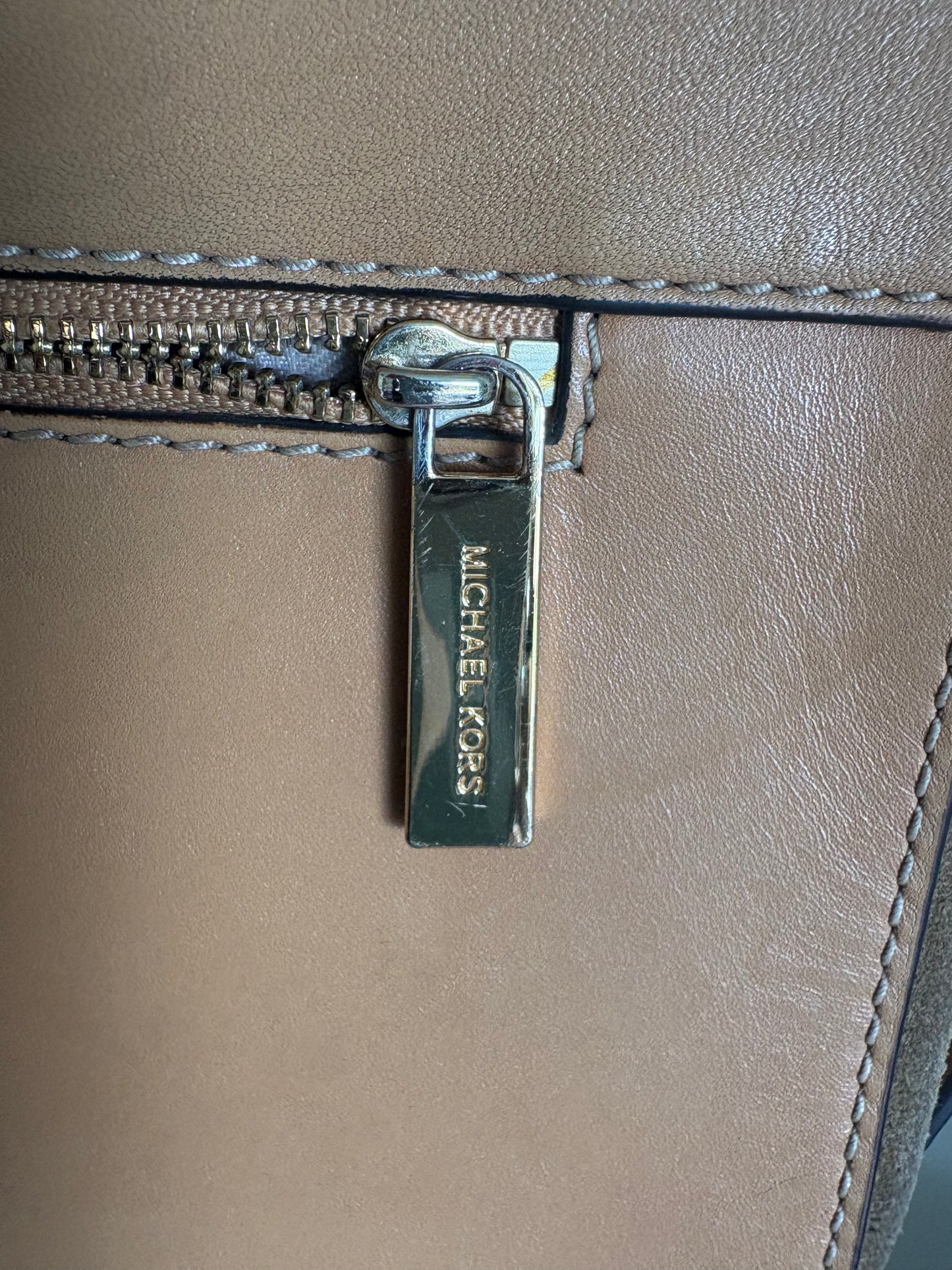 Purse: Michael Kors Romy Messenger Crossbody Purse, Medium Size, Suede Leather, Desert Gold