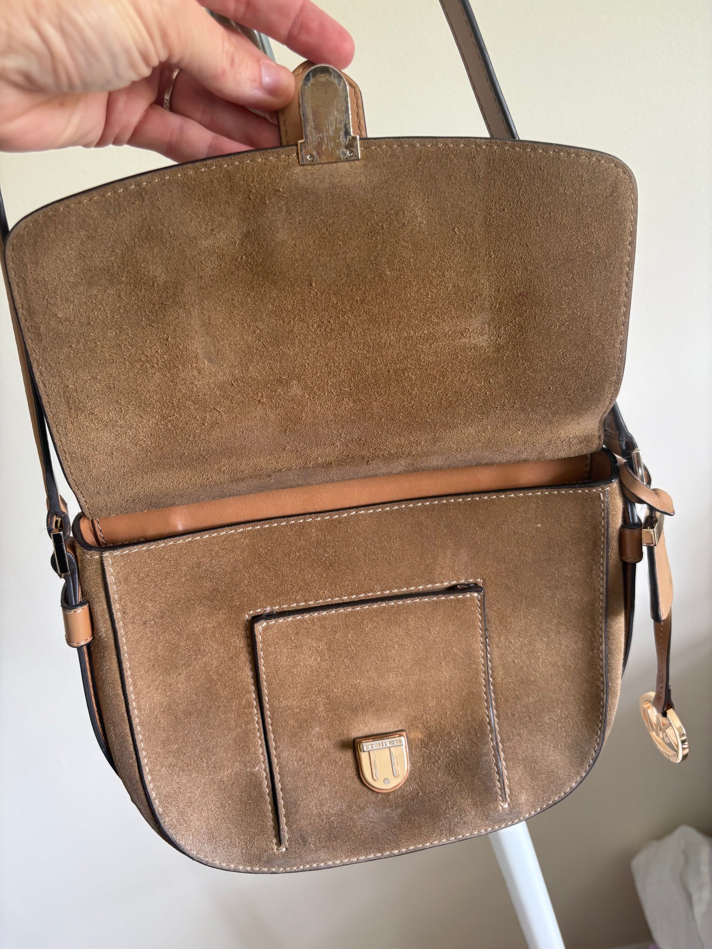 Purse: Michael Kors Romy Messenger Crossbody Purse, Medium Size, Suede Leather, Desert Gold
