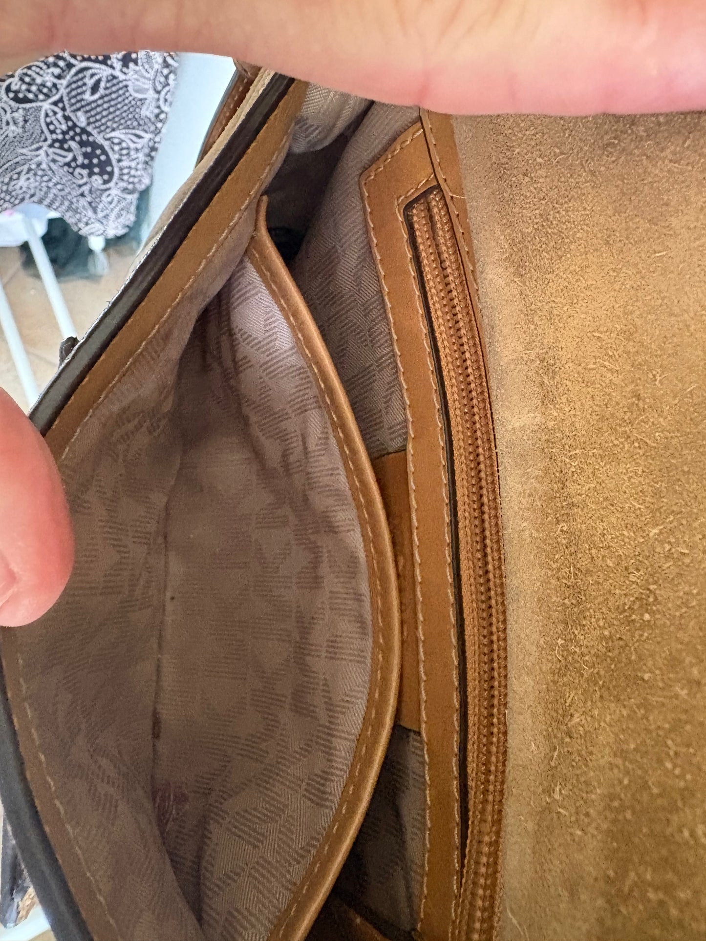 Purse: Michael Kors Romy Messenger Crossbody Purse, Medium Size, Suede Leather, Desert Gold