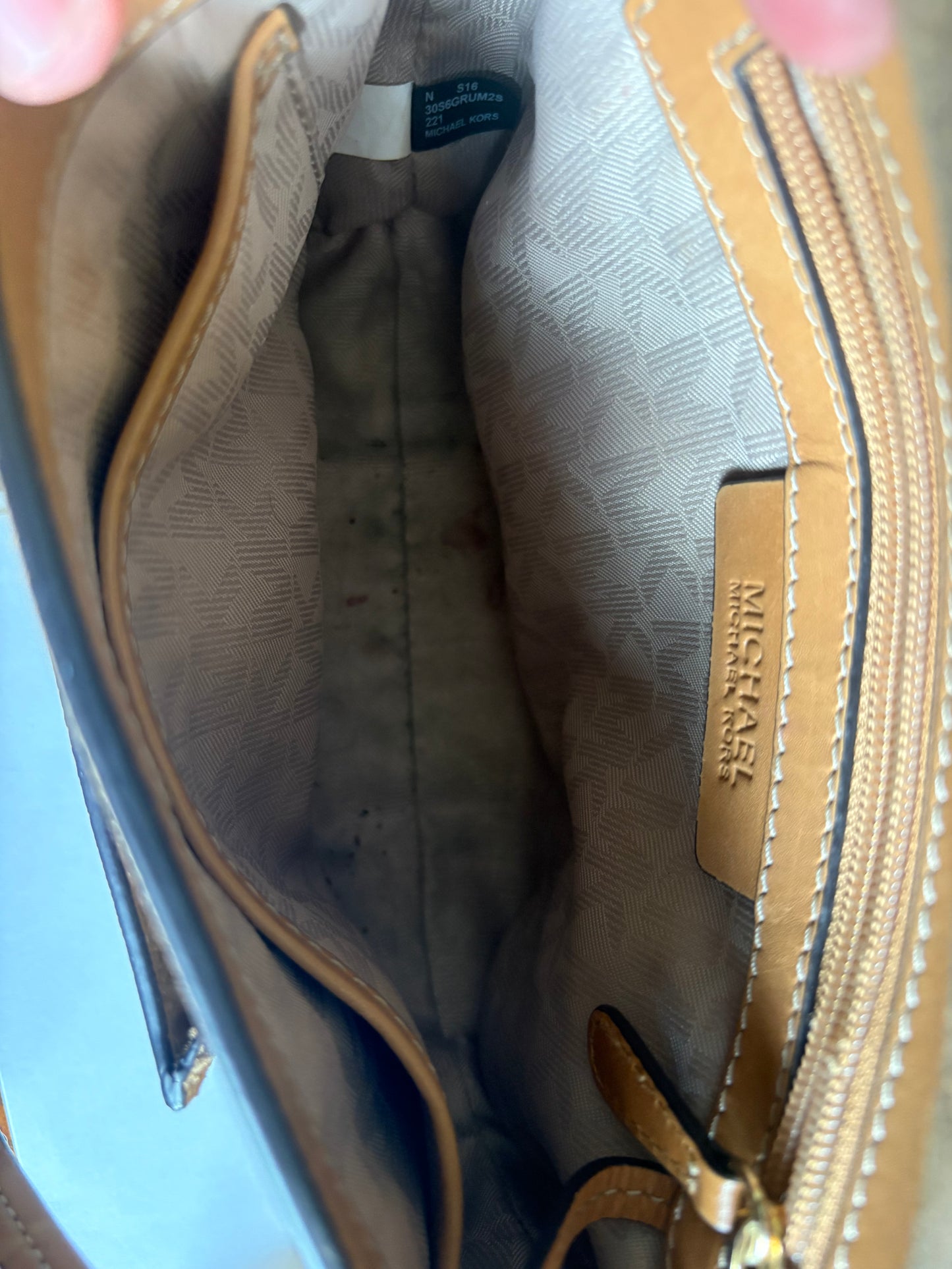 Purse: Michael Kors Romy Messenger Crossbody Purse, Medium Size, Suede Leather, Desert Gold