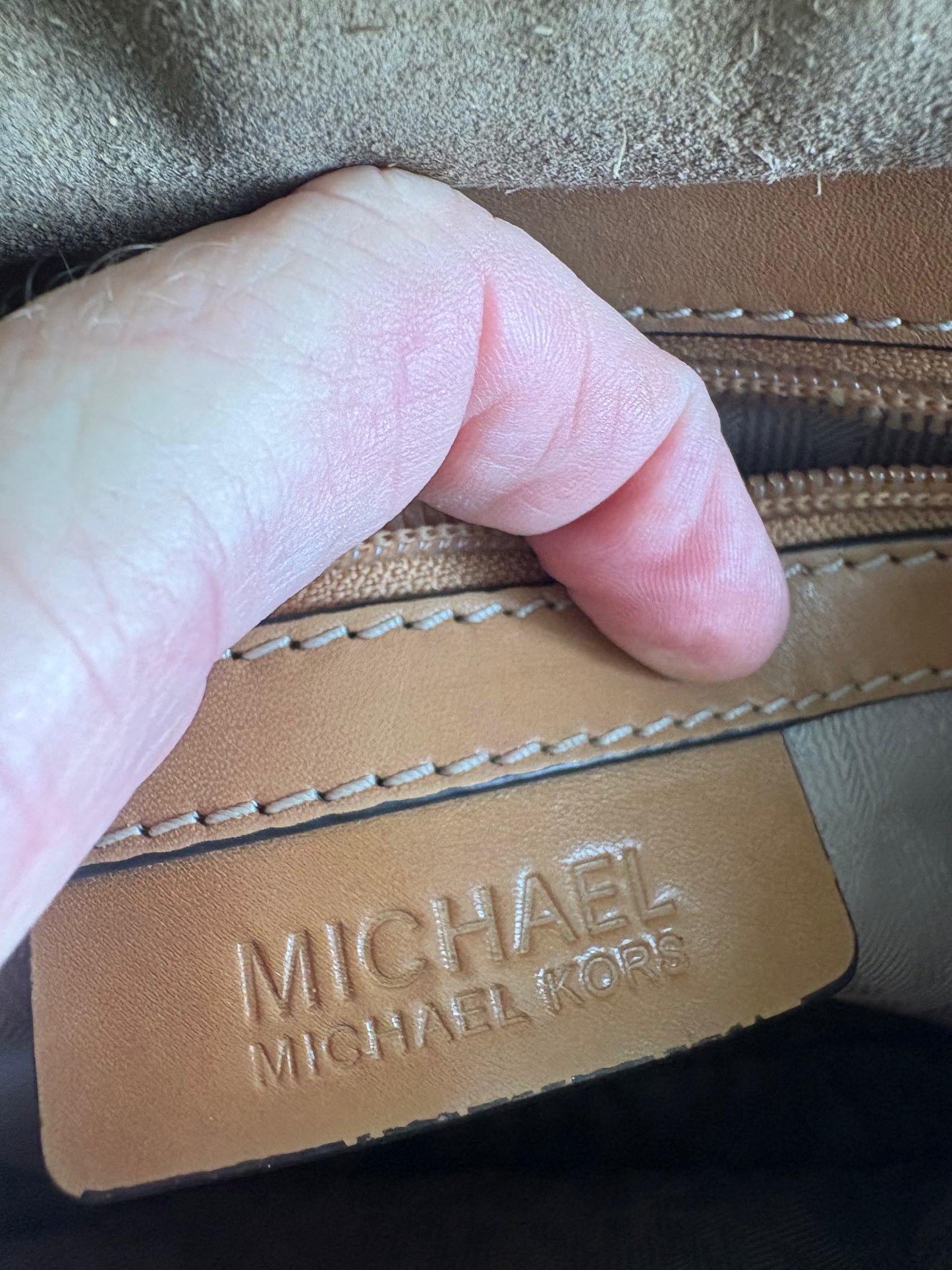 Purse: Michael Kors Romy Messenger Crossbody Purse, Medium Size, Suede Leather, Desert Gold