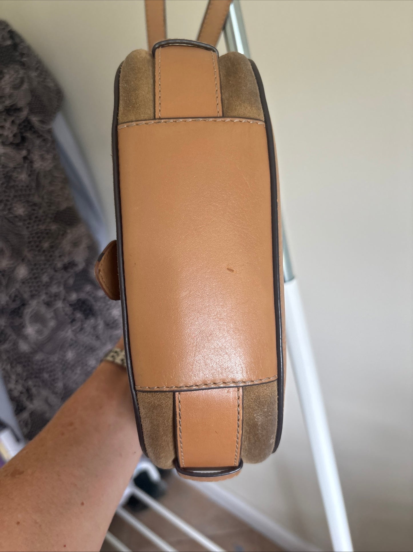 Purse: Michael Kors Romy Messenger Crossbody Purse, Medium Size, Suede Leather, Desert Gold