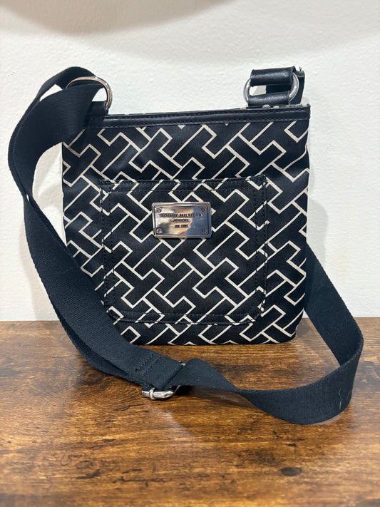 Purse: Tommy Hilfiger Crossbody, Faux Leather featuring Logo, Vtg (2012), Black Geometric Pattern