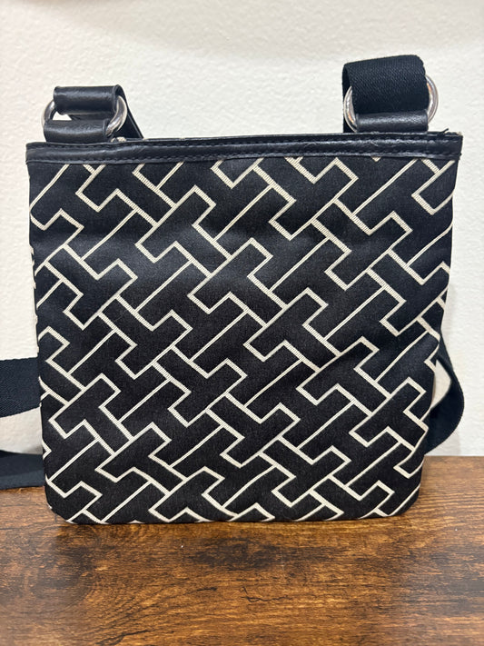 Purse: Tommy Hilfiger Crossbody, Faux Leather featuring Logo, Vtg (2012), Black Geometric Pattern