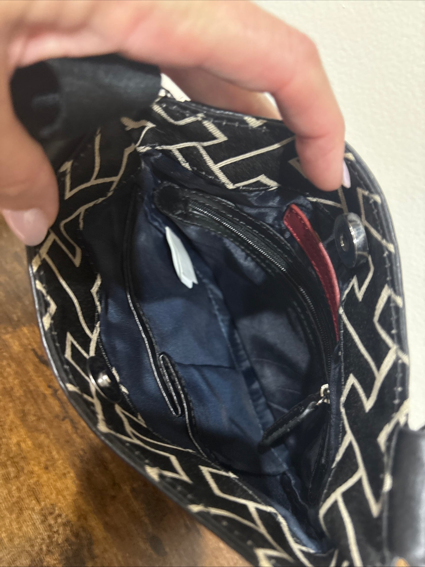 Purse: Tommy Hilfiger Crossbody, Faux Leather featuring Logo, Vtg (2012), Black Geometric Pattern