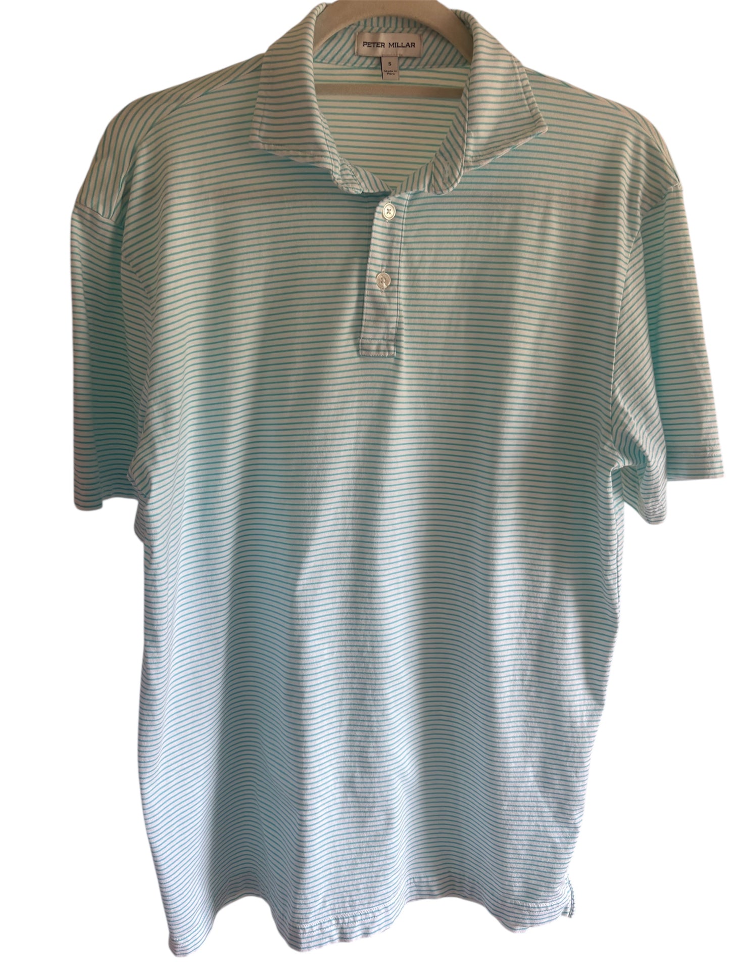 T - Men's Peter Millar Polo Shirt, Aqua Blue stripe - Size Small