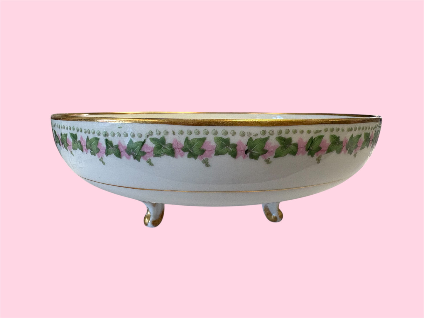 D - Elite Works Pink and Green Ivy Porcelein Bowl, Gilded, 6 3/4"