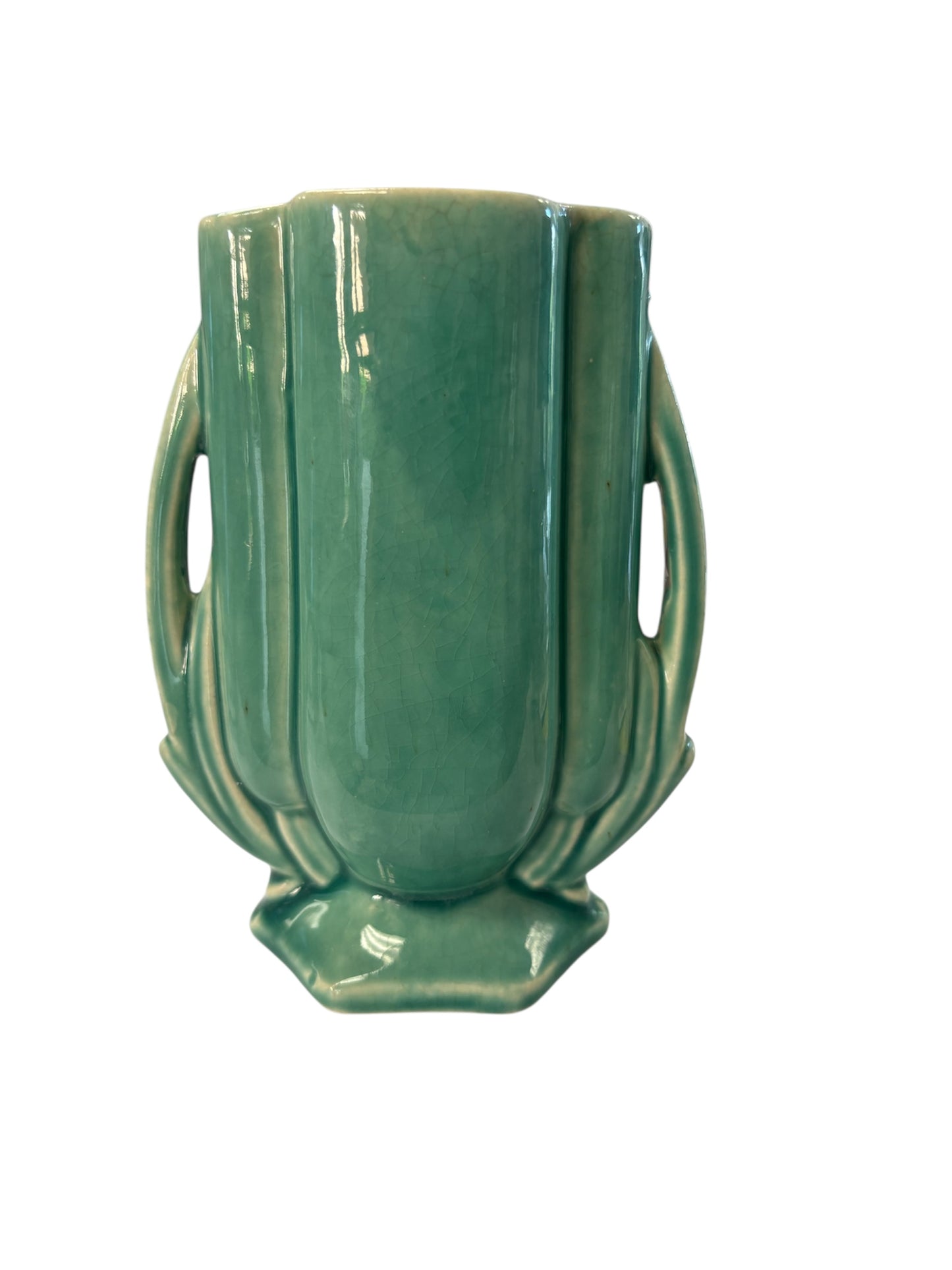D - 1940s McCoy Art Deco double handled vase - aqua blue