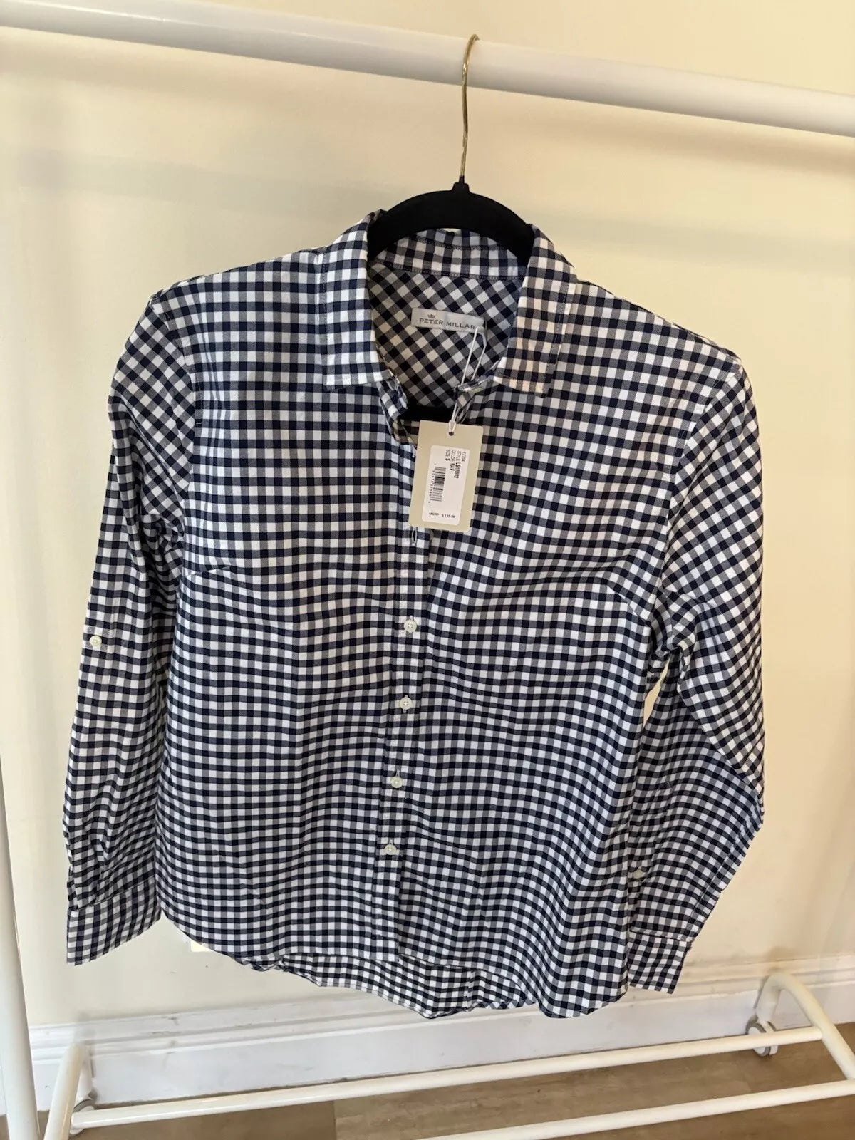 Women's Peter Millar Long Sleeve Button Down Shirt, Navy Gingham - Size Small, New with tags