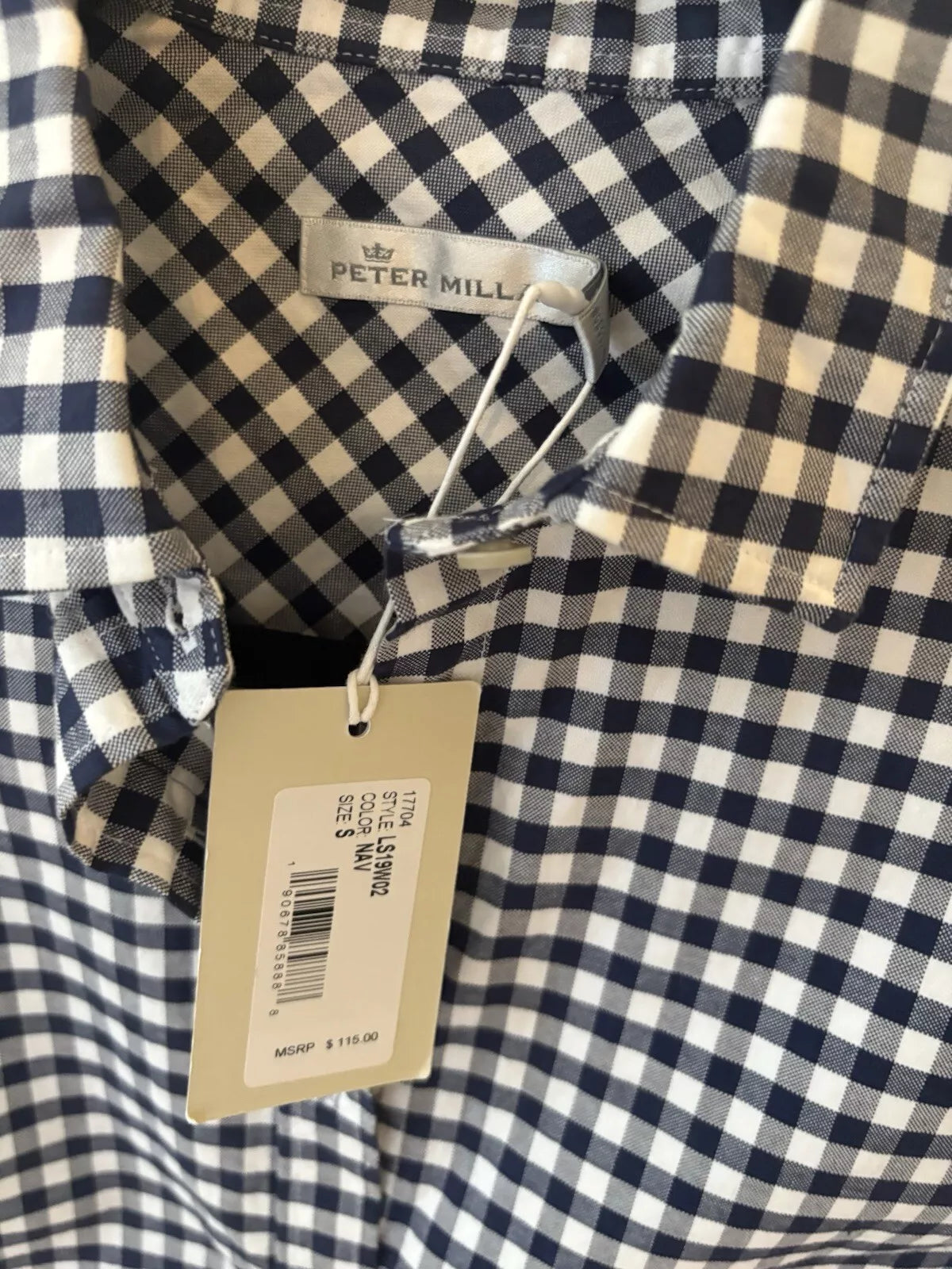 Women's Peter Millar Long Sleeve Button Down Shirt, Navy Gingham - Size Small, New with tags